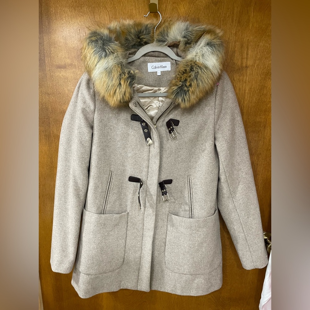Calvin Klein Beige Wool-Blend Pea Coat with Faux Fur Trim